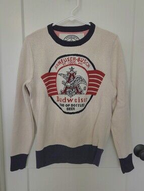 Vintage Budweiser Unisex Cream Crewneck Sweater w/ Red & Navy Logo. Size S. #AH